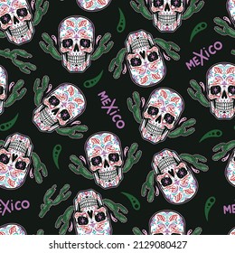 Colorful vintage seamless pattern with sugar skull with stars instead of eyes and prickly cactuses on black background, vector illustration