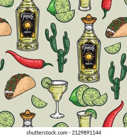 Colorful vintage seamless pattern with tequila bottle with sun on label, margarita glass with salt and lime slice on rim, prickly cactus, chili pepper, vector illustration