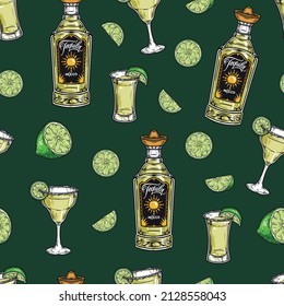 Colorful vintage seamless pattern with tequla bottle, lime slices, margarita glass, shot with salt on rim, vector illustration