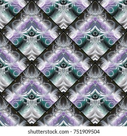 Colorful vintage seamless pattern. Vector floral background. Modern 3d wallpaper. Flourish damask pattern ornaments in baroque style. Rhombus surface silk wallpaper. Vintage design. Beautiful flowers