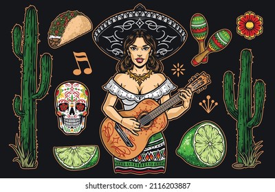 Colorful vintage set with beautiful woman playing guitar, lime parts, maracas, cactuses, sugar skull and street taco, vector illustration