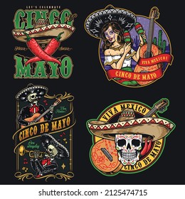 Colorful vintage set with mariachi band playing musical instruments, woman with painted face shaking maracas, crossed red hot peppers and sugar skull in sombrero, vector illustration