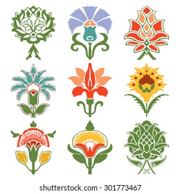 Colorful vintage set oriental flowers pattern isolated on white background 