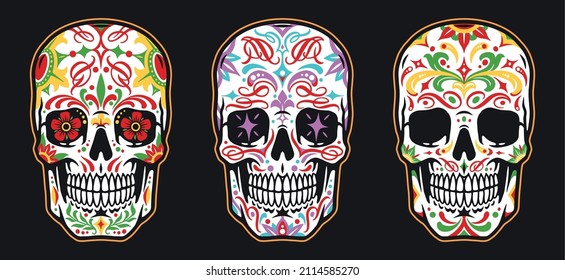 Colorful vintage set of painted sugar skulls as mexican symbols of day of dead, vector illustration