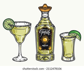 Colorful vintage set with tequila bottle with sun on label, margarita glass and tequila shot decorated with salt and lime, vector illustration