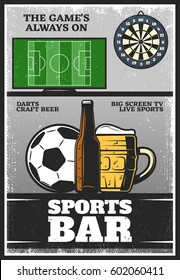 Colorful vintage sport bar poster with footbal field ball darts glass bottle and mug of beer vector illustration