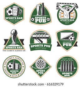 Colorful vintage sport pub emblems set with beer darts tv fan trophy and balls isolated vector illustration