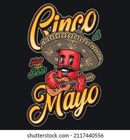 Colorful vintage sticker with mustachioed hot chili pepper in sombrero playing guitar with Cinco de Mayo inscription, vector illustration