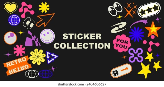 Colorful vintage sticker shape set. Collection of trendy retro label in cartoon style. Vector