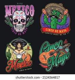 Colorful vintage stickers set with sugar skull with cactuses, positive prickly cactus in sombrero holding maracas, young waitress with cocktail, painted guitar, vector illustration