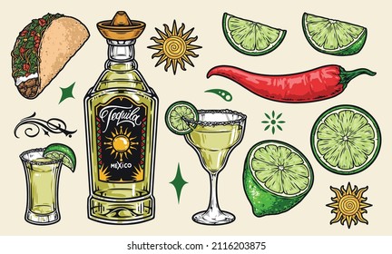 Colorful vintage stickers set of tequila bottle, margarita glass with salt on rim, shot with lime slice, sun and taco, vector illustration