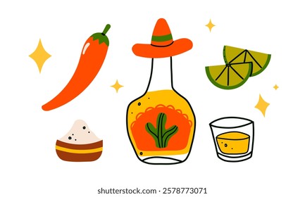 Colorful vintage stickers set of tequila bottle glass with salt on rim, shot with lime slice, vector illustration isolate on white. Doodle hand drawn Mexican drink .