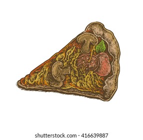 Colorful vintage style hand drawn pizza slice. Vector illustration