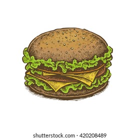 Colorful vintage style hand drawn cheeseburger. Vector illustration
