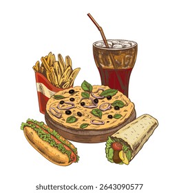 Colorful vintage style illustration of a fast food combo meal including pizza with olives and basil, crispy french fries, fizzy drink with ice, hot dog with lettuce, and a wrap filled with vegetables.