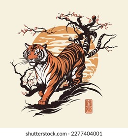 colorful vintage style japanese tiger illustration