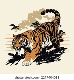 colorful vintage style japanese tiger illustration