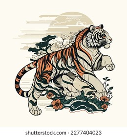 colorful vintage style japanese tiger illustration