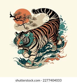 colorful vintage style japanese tiger illustration