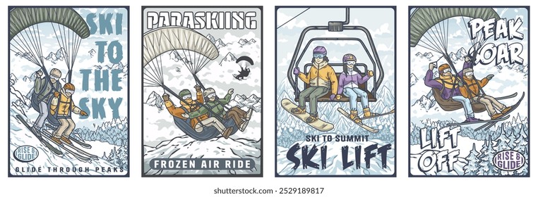 Colorful vintage style posters capture joy of snowboarders and paragliders in snowy mountains, perfect for adventure seekers enjoying winter sports