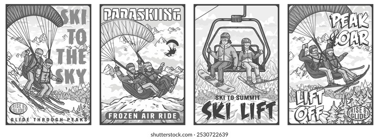 Colorful vintage style posters capture joy of snowboarders and paragliders in snowy mountains, perfect for adventure seekers enjoying winter sports