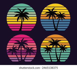 Colorful vintage sunset collection with palm trees in vibrant gradient colors 70s 80s Retro sunset set