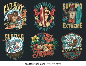 Colorful vintage surfing badges with funny bear surfers exotic leaves and flowers pretty surfgirl man and woman riding waves in coconuts with straws isolated vector illustration