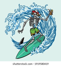 Colorido concepto de surf vintage con esqueleto en gorra de béisbol y pantalones cortos con cóctel y onda de equitación ilustraciones vectoriales aisladas