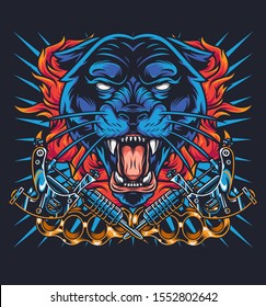 Colorful vintage tattoo concept with angry dangerous black panther head brass knuckles and tattoo machines on dark background isolated vector illustration