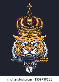 Colorful vintage tattoo concept with cruel tiger head in royal gold crown holding dagger with its teeth isolated vector illustration