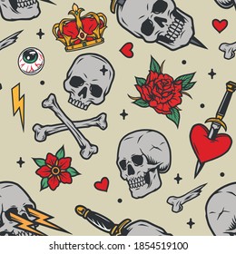 Colorful vintage tattoos seamless pattern with royal crown human eye lightning crossbones flowers skull and heart pierced with daggers vector illustration