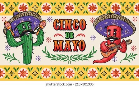 Colorful vintage template with cartoon mustached cactus in sombrero shaking maracas, chili pepper playing painted guitar, decorative elements, vector illustration