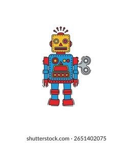 Robô de brinquedo colorido vintage com uma chave de liquidação, evocando nostalgia e diversão. Ideal para projetos criativos, brinquedos e temas retrô em ilustrações.