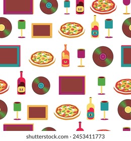 Colorful Vintage TV Dinner with Pizza and Wine Pattern - Bring a Pop of Nostalgia and Comfort to Your Home Decor