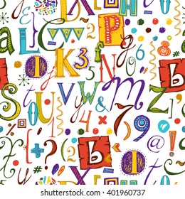 Colorful Vintage Vector Alphabet Pattern, Hand Drawn Font, Alphabet Doodle Seamless Pattern, Vintage Letters illustration