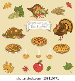 A colorful Vintage vector illustration set of Thanksgiving icons. Hand drawn illustration with turkey, corn on the cob, acorns, pumpkin, cranberry, apple pie, pilgrim hat and  oak leaves.
