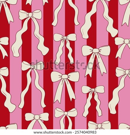 Colorful vintage vector seamless pattern with wavy and quirky hand drawn bows and ribbons on striped background. Illustration in coquette aesthetic for holiday designs, wrapping paper, textile, etc.