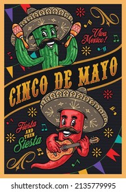 Colorful vintage vertical poster with cheerful Mexican cactus with mustache holding maracas, chili pepper in sombrero playing guitar on stripped background with musical symbols and curl elements