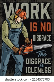 Colorful Vintage Vertical Poster With Inscription, Sawmill Worker In Helmet And Ear Protectors Using Chainsaw, Vector Illustration