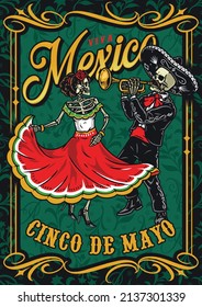 Colorful vintage vertical poster with mariachi skeleton musician playing trumpet for Mexican dancer in dress, vector illustration