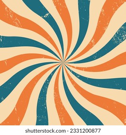 Colorful vintage wallpaper with sunbeams. Blue and orange spiral. Vintage retro background. Rays with grunge texture.
