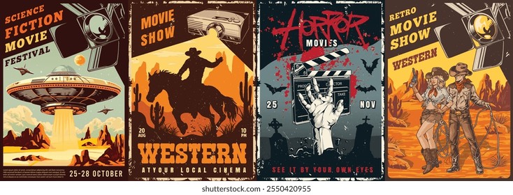 Colorful vintage-style posters promote a science fiction film festival and western and horror movie shows at a local cinema in late October and November inviting movie lovers to attend.