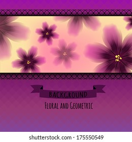 Colorful Violet Floral Pattern on Geometric Background. Vector Illustration