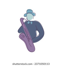 Colorful violet saxophone and human in blue hat with blue bow on white background. Line art style. Cute multicolored vector illustration: violet and blue colors