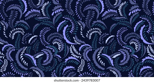 Colorful violet seamless pattern with abstract  branches in tiny shapes dots, drops, spots seamless pattern. Dark background with textured twisted stems. Simple monogram. Vector hand drawn. 