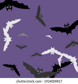 Colorful Violet White Motion Halloween Modern Design. Black Gothic Night Retro Wallpaper. Sky Spooky Eyes Print Art Flying Bats Fabrics. Scary Purple Creepy Grey Attack Bats Vector Background.