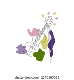 Colorful violin on white background. Line art style. Cute multicolored vector illustration: pink, violet, green and yellow colors	