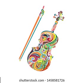 Colorful violin. Stringed instrument. Illustration of a violin with a unique pattern.