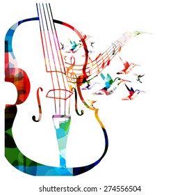 Colorful violoncello design with hummingbirds