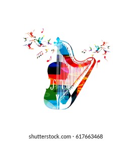 Colorful violoncello with harp and hummingbirds isolated vector illustration. Music instrument background for poster, brochure, banner, flyer, concert, music festival